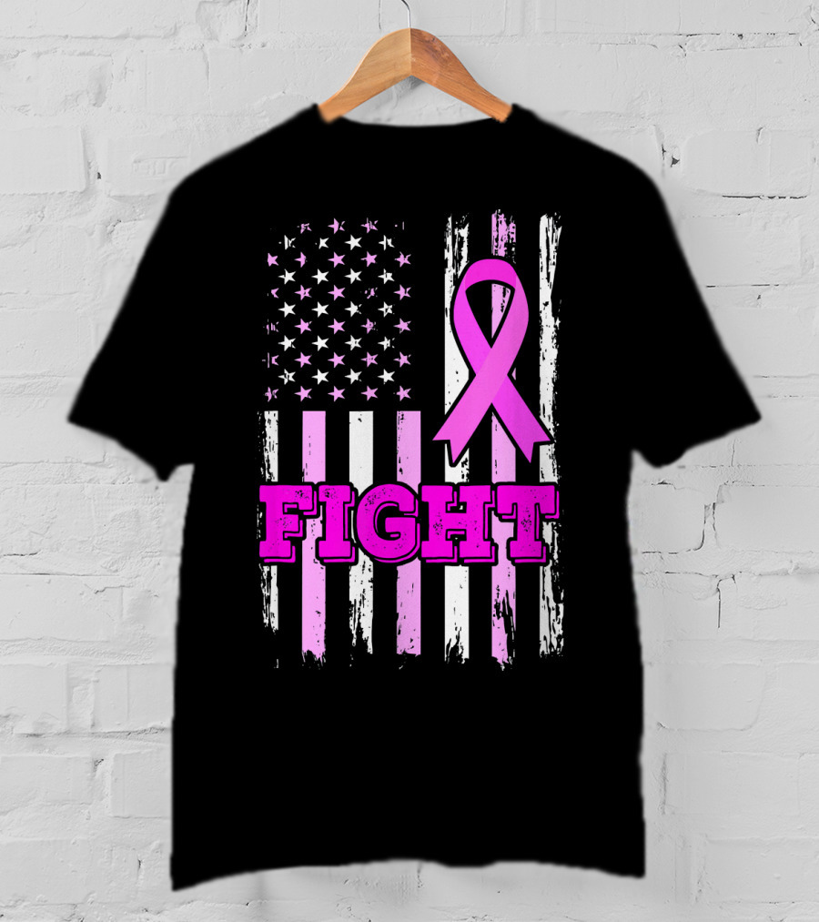 Fight Pink Ribbon American Flag Breast Cancer Awareness T-Shirt