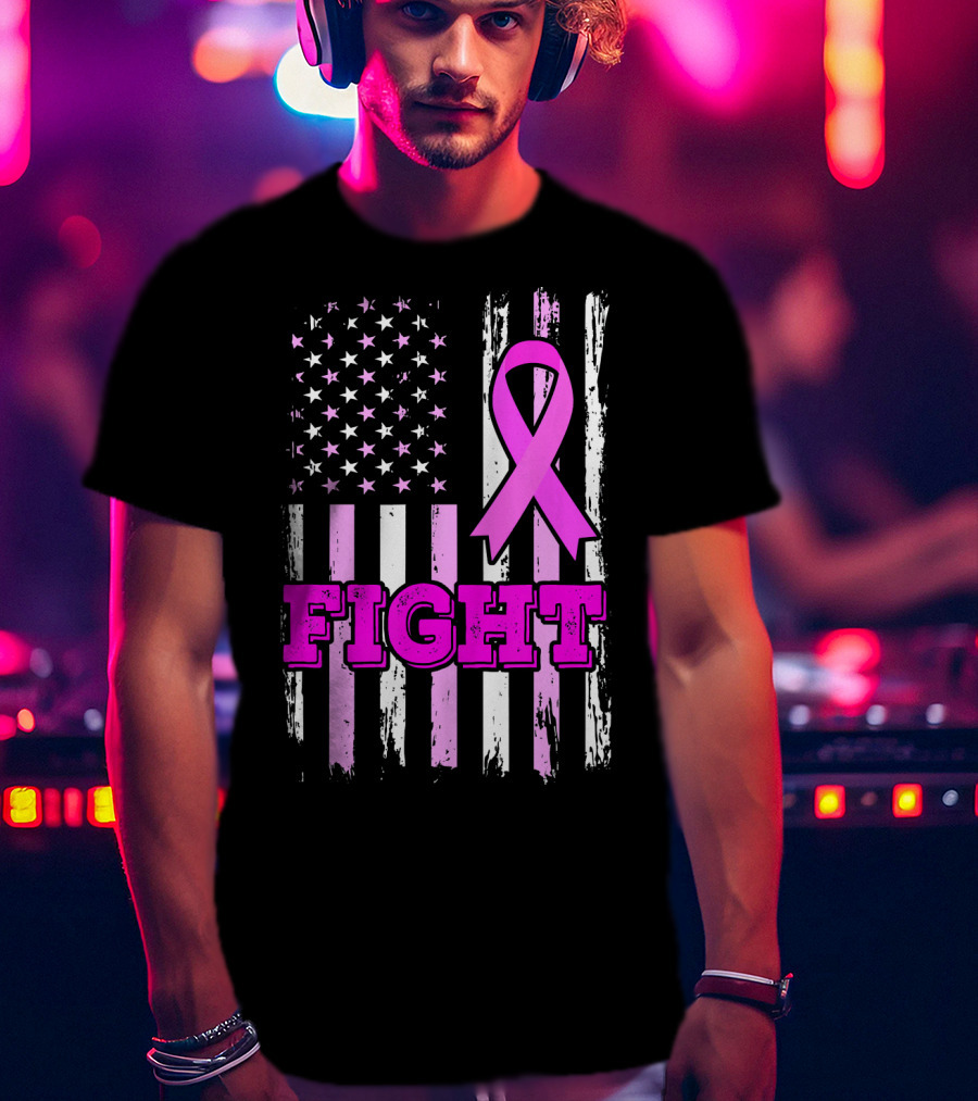 Fight Pink Ribbon American Flag Breast Cancer Awareness T-Shirt