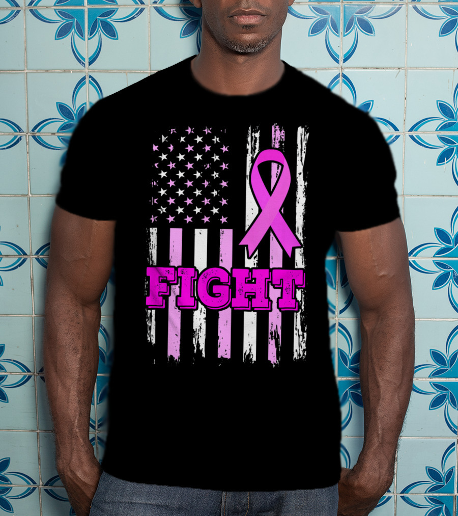 Fight Pink Ribbon American Flag Breast Cancer Awareness T-Shirt