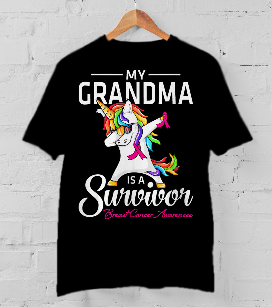 My Grandma Is A Survivor Breast Cancer Awareness Unicorn Dab T-Shirt