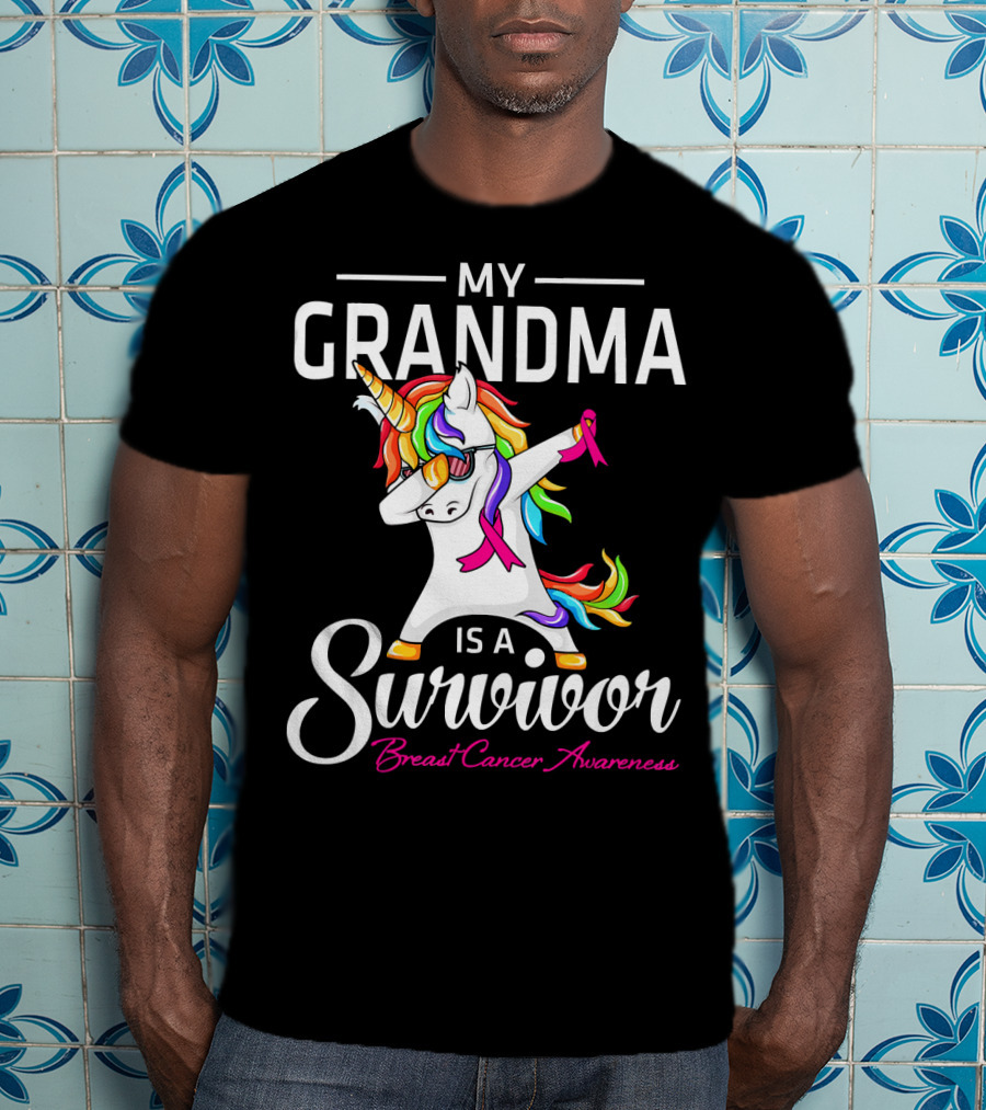 My Grandma Is A Survivor Breast Cancer Awareness Unicorn Dab T-Shirt