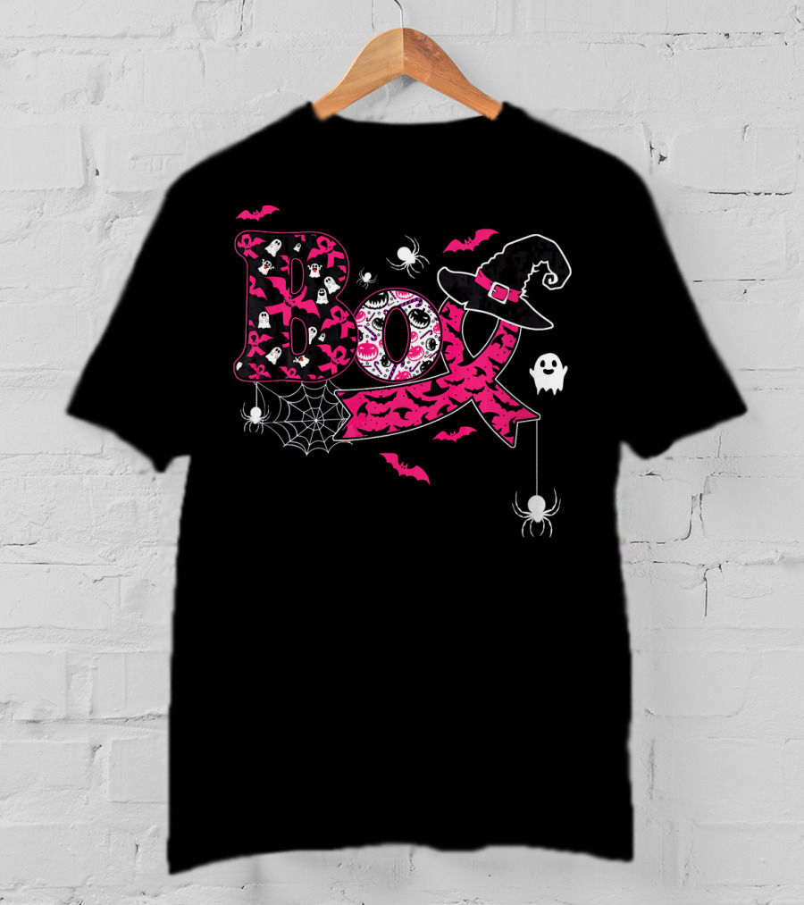 Boo Breast Cancer Halloween Spiders Ghosts Bats Witch Hat T-Shirt