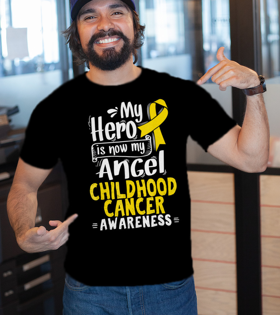 Gold Awareness Ribbon My Hero Is Now My Angel Childhood Cancer Awareness T-Shirt