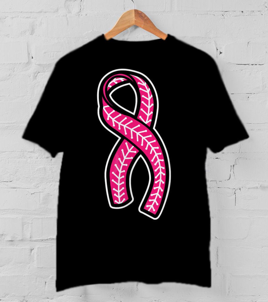 Pink Ribbon Baseball Stitching Breast Cancer Awareness T-Shirt