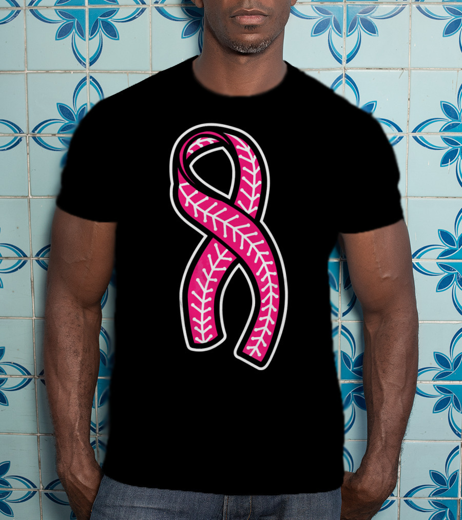 Pink Ribbon Baseball Stitching Breast Cancer Awareness T-Shirt