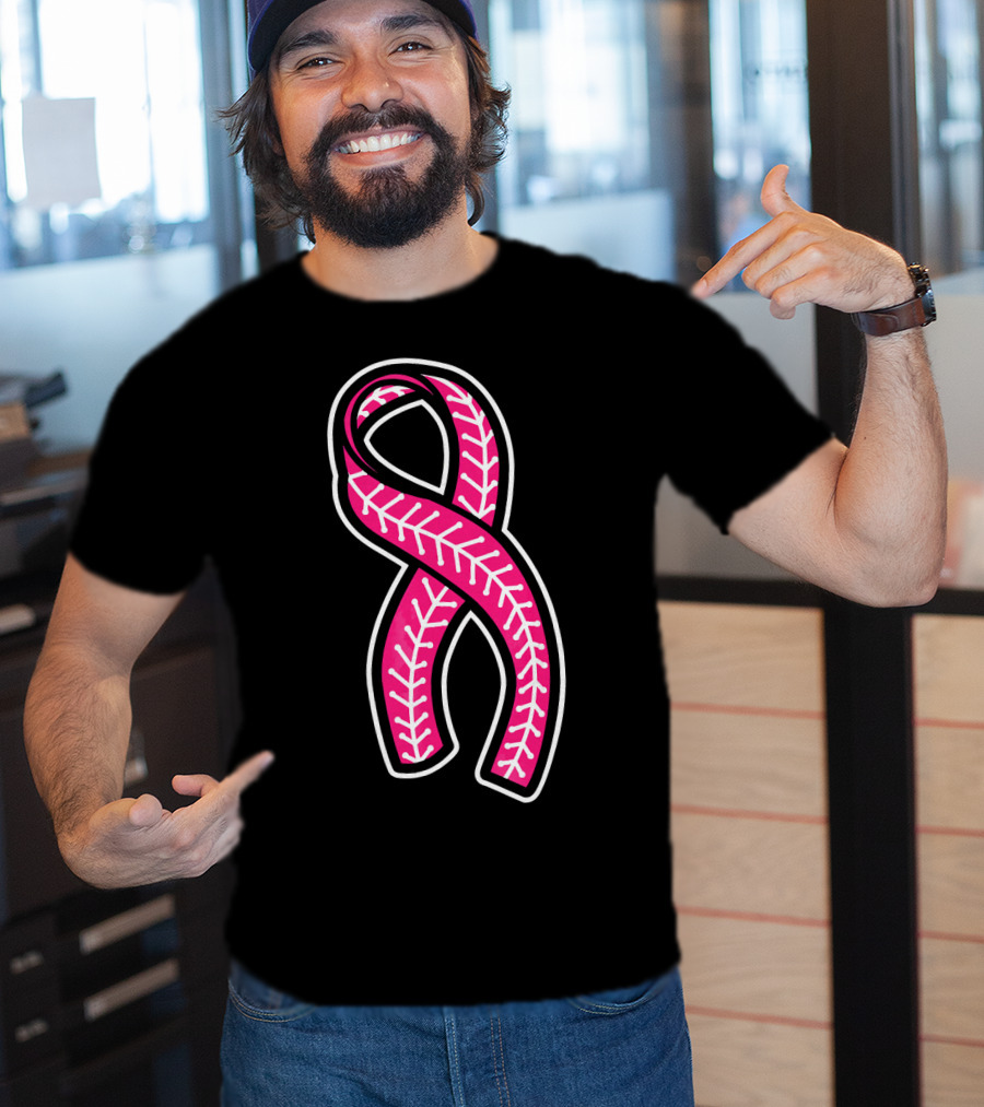 Pink Ribbon Baseball Stitching Breast Cancer Awareness T-Shirt