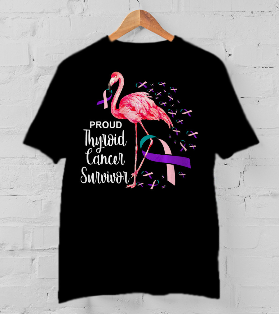 Proud Thyroid Cancer Survivor Flamingo Pink And Purple Ribbons T-Shirt