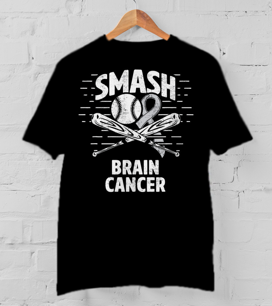 Smash Brain Cancer Baseball Ribbon Therapy Grey T-Shirt