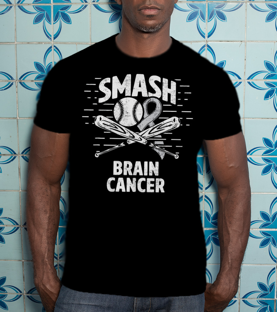 Smash Brain Cancer Baseball Ribbon Therapy Grey T-Shirt