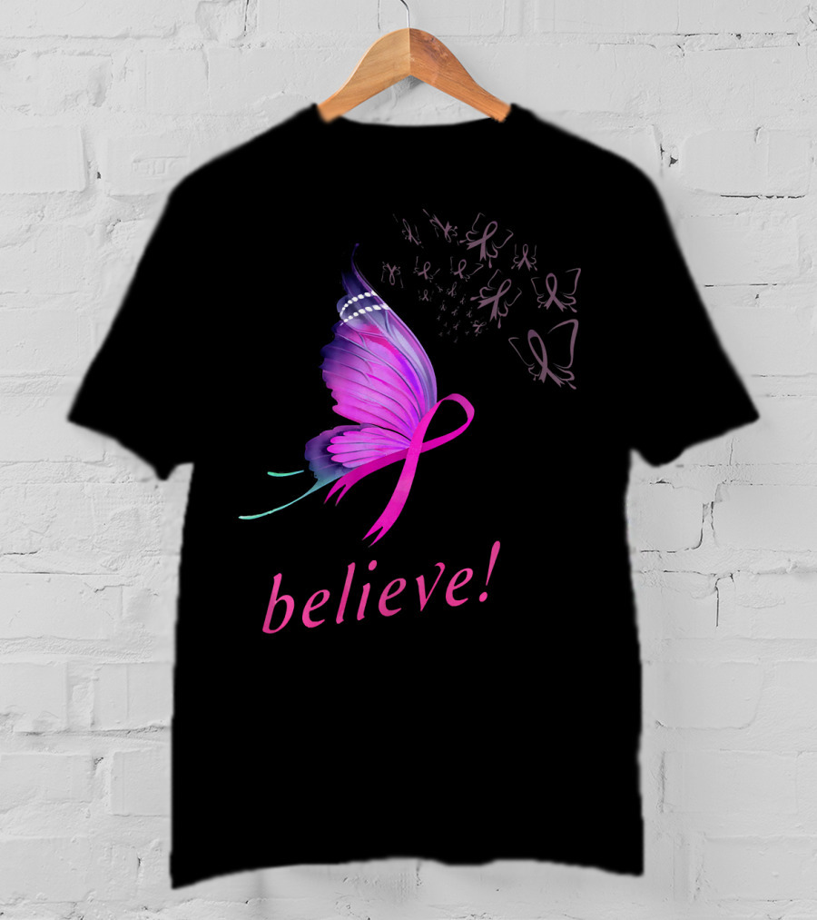 Believe Pink Ribbon Butterfly Breast Cancer Awareness T-Shirt
