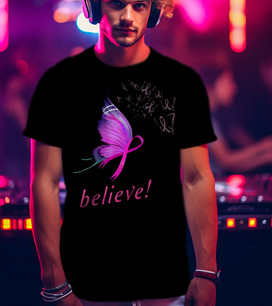 Believe Pink Ribbon Butterfly Breast Cancer Awareness T-Shirt