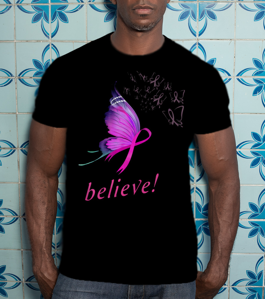 Believe Pink Ribbon Butterfly Breast Cancer Awareness T-Shirt
