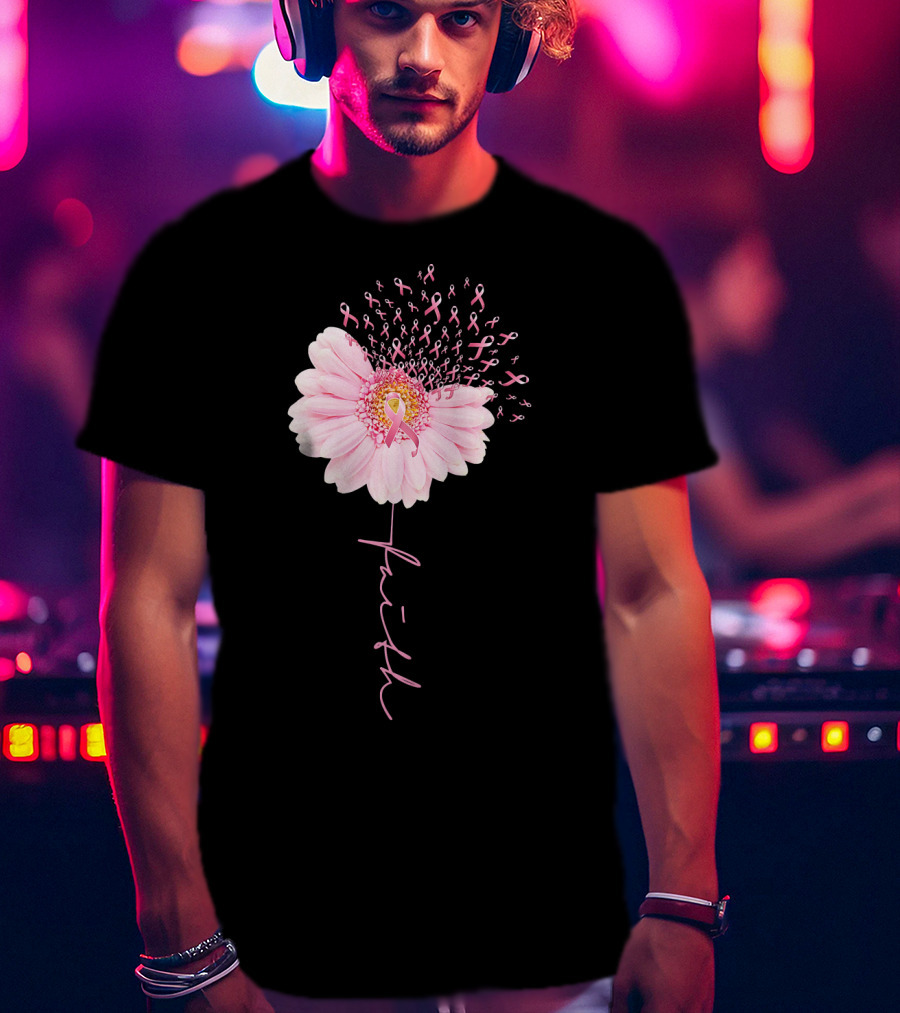 Faith Daisy Flower Pink Ribbon Breast Cancer T-Shirt