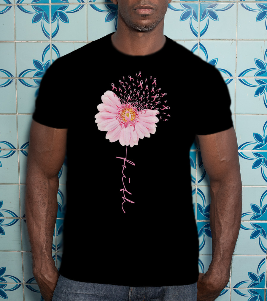 Faith Daisy Flower Pink Ribbon Breast Cancer T-Shirt