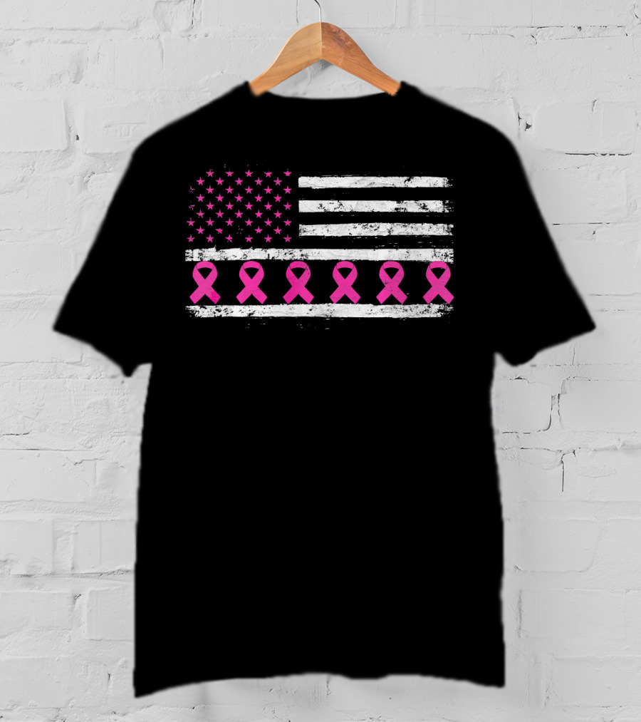 American Flag Distressed Breast Cancer Awareness Pink Ribbons T-Shirt