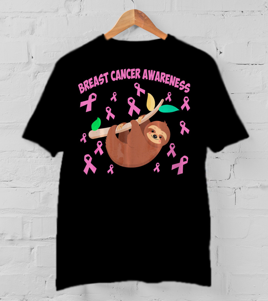 Breast Cancer Awareness Cute Sloth Pink Ribbons T-Shirt