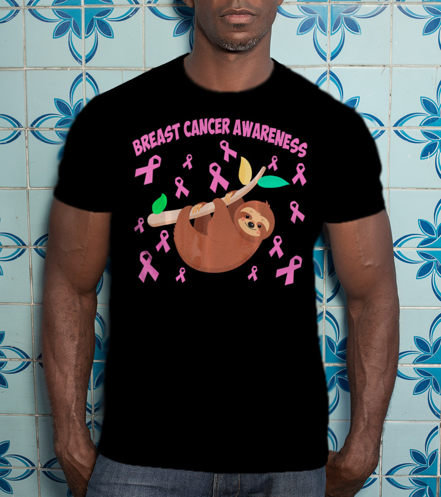 Breast Cancer Awareness Cute Sloth Pink Ribbons T-Shirt