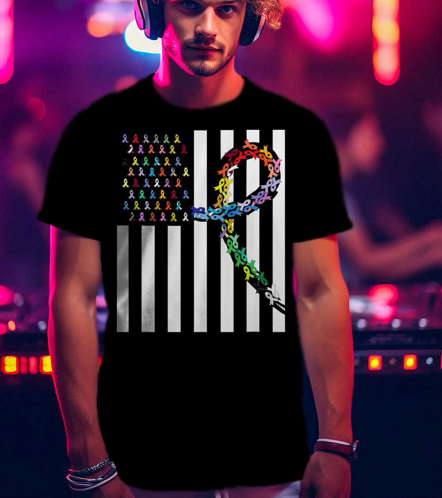 All Cancer Matters Awareness USA Flag Ribbon Stripes T-Shirt