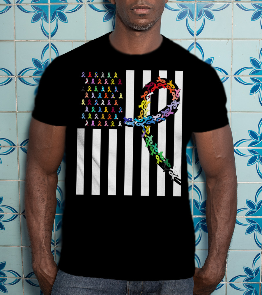 All Cancer Matters Awareness USA Flag Ribbon Stripes T-Shirt