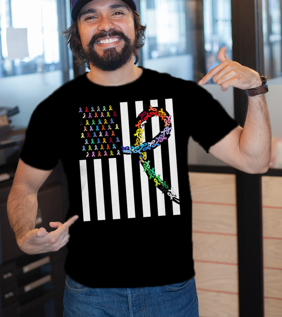 All Cancer Matters Awareness USA Flag Ribbon Stripes T-Shirt
