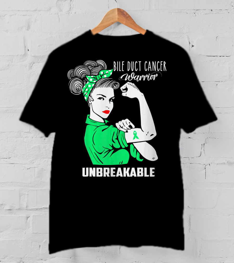 Bile Duct Cancer Warrior Unbreakable Rosie The Riveter Style With Awareness T-Shirt