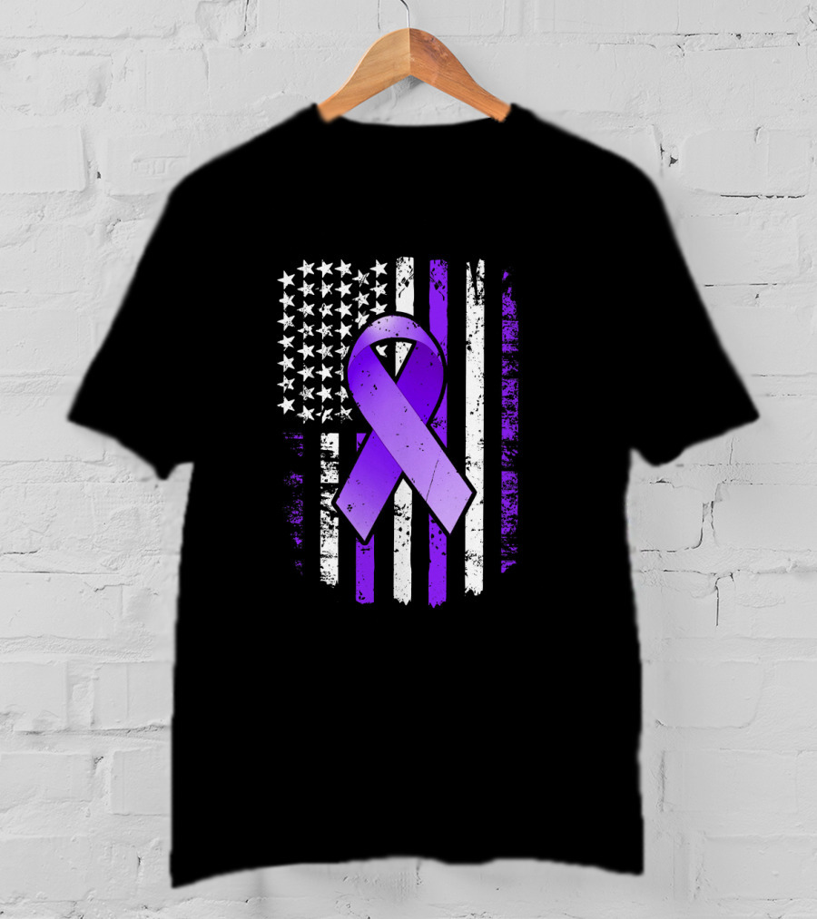 American Flag Purple Ribbon Pancreatic Cancer Awareness T-Shirt