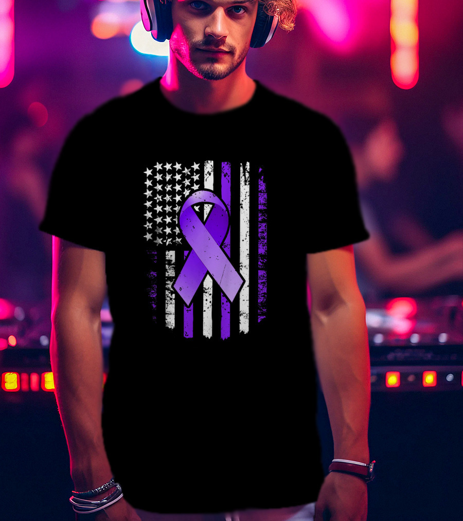American Flag Purple Ribbon Pancreatic Cancer Awareness T-Shirt