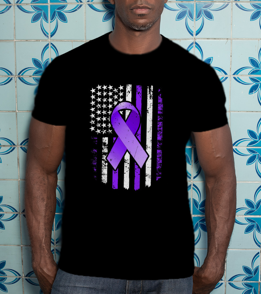 American Flag Purple Ribbon Pancreatic Cancer Awareness T-Shirt