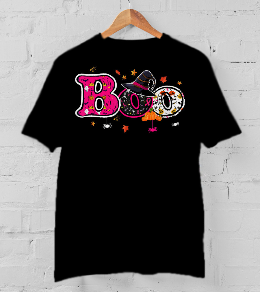 Boo Halloween Breast Cancer Awareness Witch Hat Ribbon Pumpkins Spiders Leaves T-Shirt