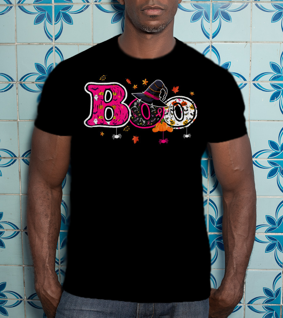Boo Halloween Breast Cancer Awareness Witch Hat Ribbon Pumpkins Spiders Leaves T-Shirt