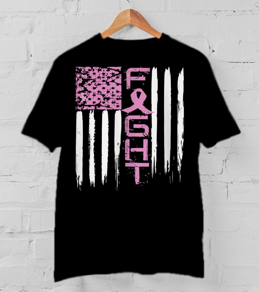 Fight Cancer Awareness Breast Pink Ribbon American Flag T-Shirt