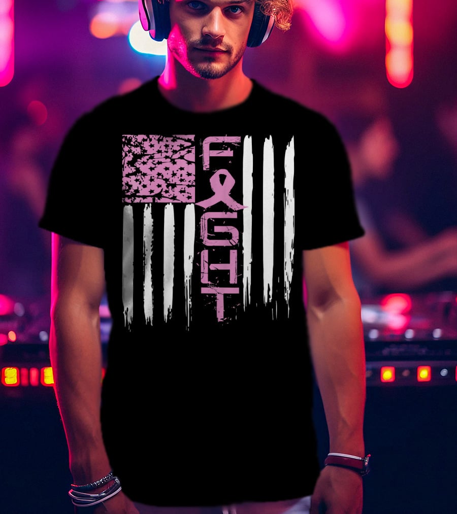 Fight Cancer Awareness Breast Pink Ribbon American Flag T-Shirt