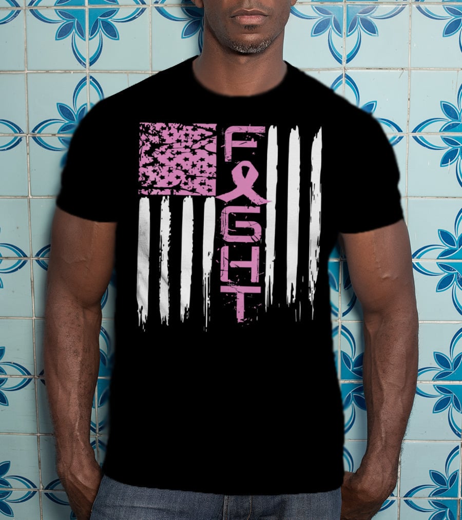 Fight Cancer Awareness Breast Pink Ribbon American Flag T-Shirt