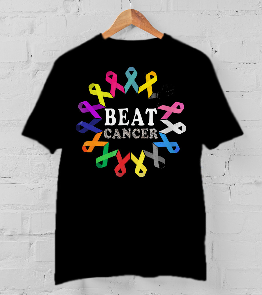 BEAT CANCER Multicolored Awareness Ribbons T-Shirt