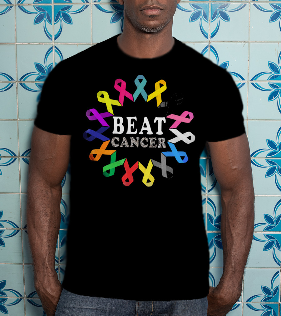 BEAT CANCER Multicolored Awareness Ribbons T-Shirt
