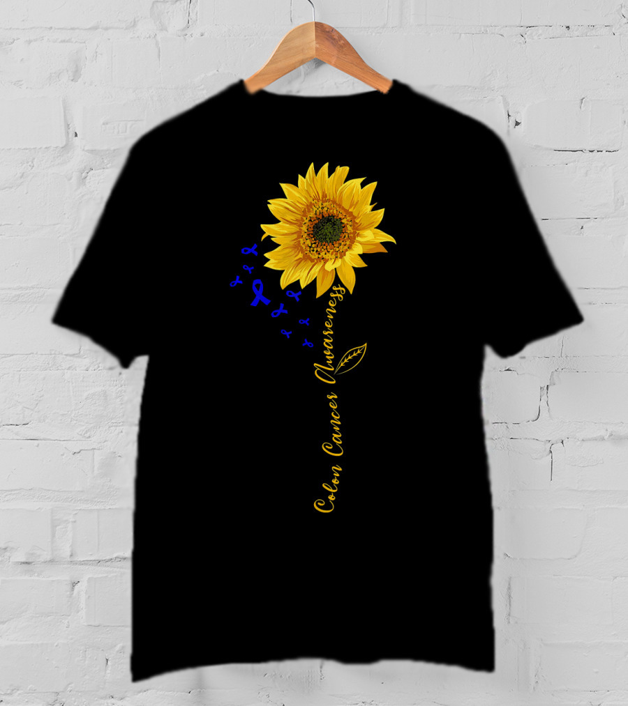 Hippie Sunflower Colon Cancer Awareness Sunflower With Blue Ribbons T-Shirt