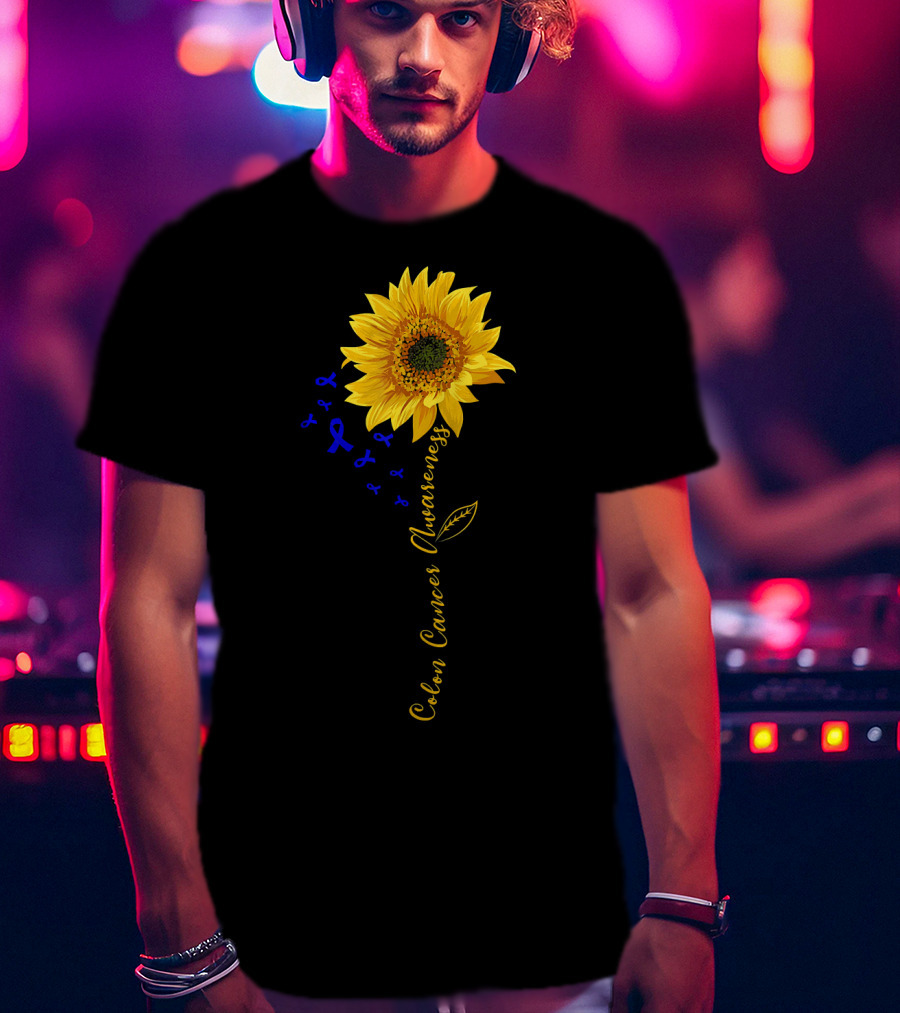 Hippie Sunflower Colon Cancer Awareness Sunflower With Blue Ribbons T-Shirt