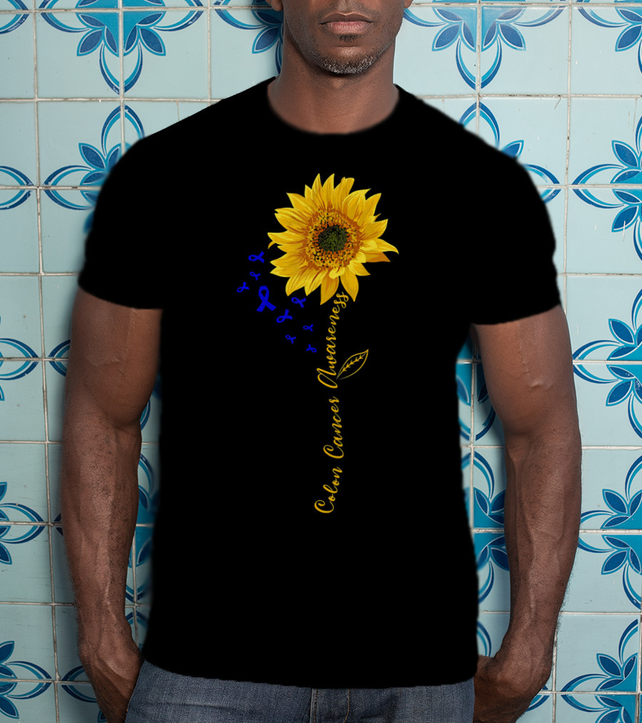 Hippie Sunflower Colon Cancer Awareness Sunflower With Blue Ribbons T-Shirt