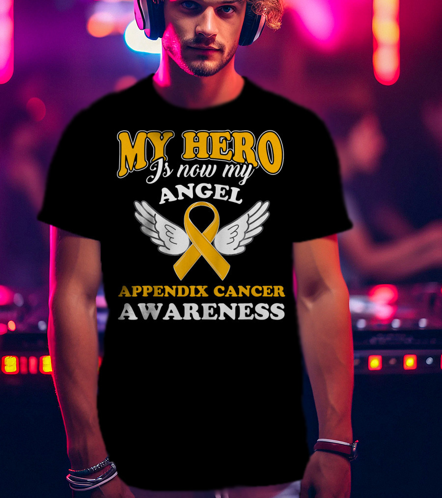 My Hero Is Now My Angel Appendix Cancer Awareness Yellow Ribbon Wings T-Shirt