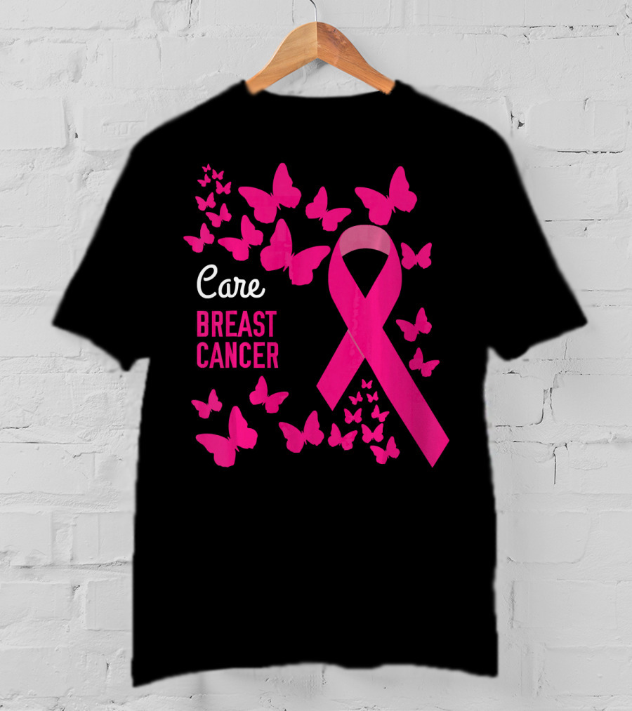 Care Breast Cancer Pink Ribbon Awareness With Butterfly Support T-Shirt