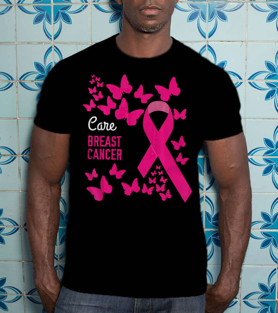 Care Breast Cancer Pink Ribbon Awareness With Butterfly Support T-Shirt