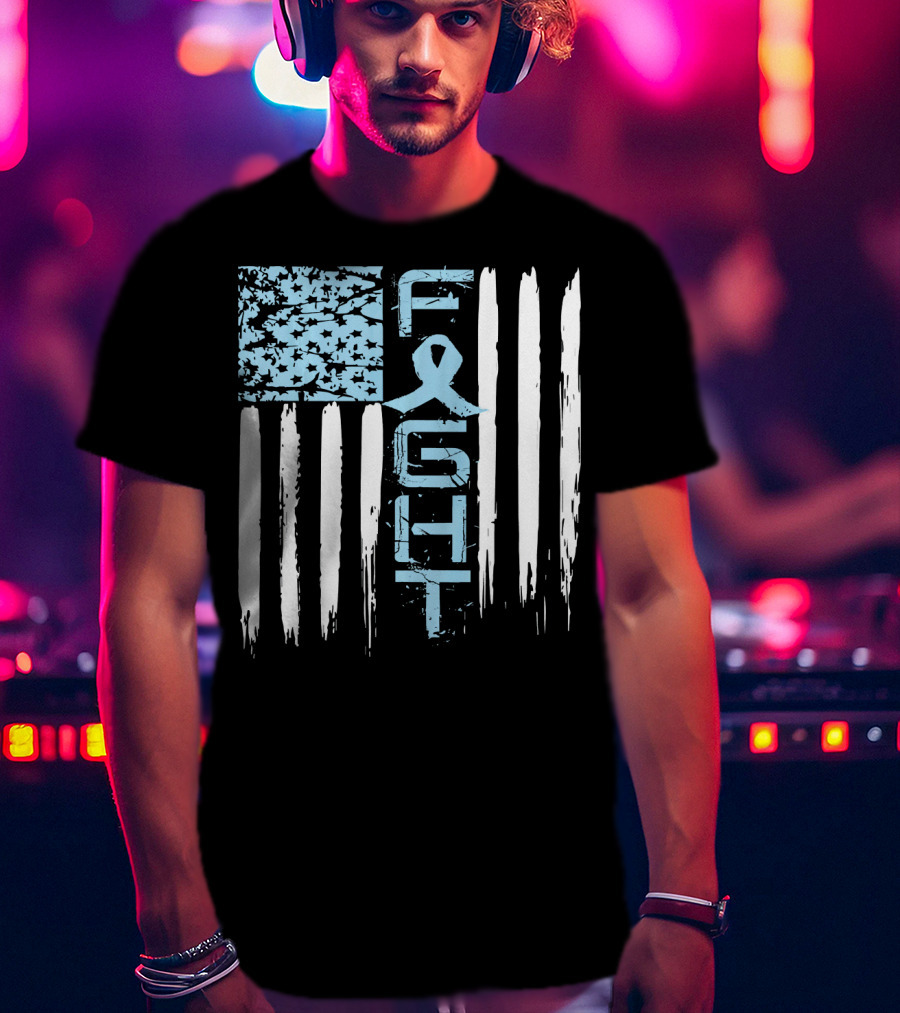 Prostate Cancer Awareness Fight Blue Ribbon American Flag T-Shirt