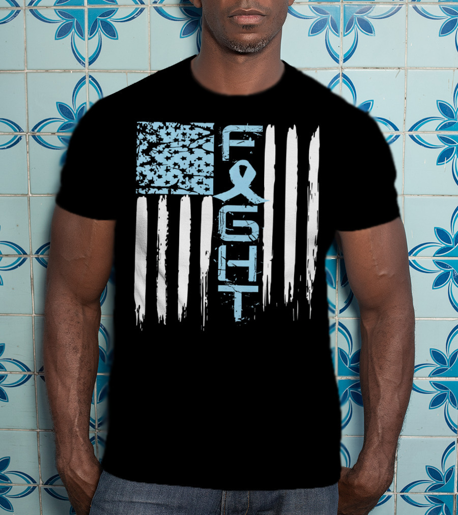 Prostate Cancer Awareness Fight Blue Ribbon American Flag T-Shirt