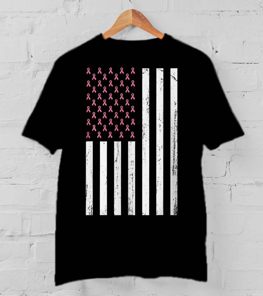 American Flag Pink Ribbons Breast Cancer Awareness T-Shirt