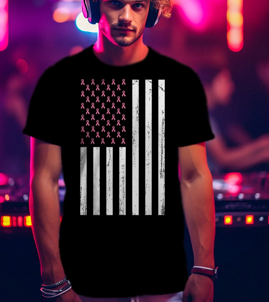 American Flag Pink Ribbons Breast Cancer Awareness T-Shirt