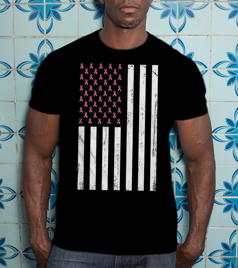 American Flag Pink Ribbons Breast Cancer Awareness T-Shirt