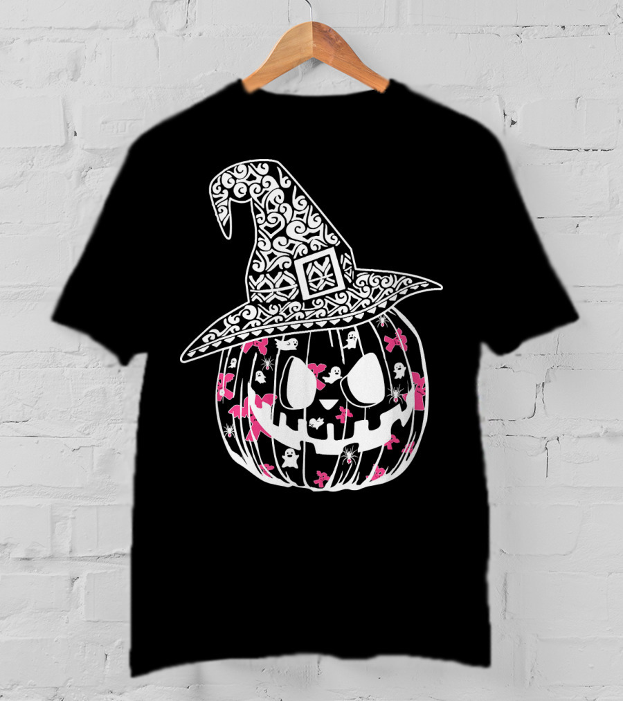 Halloween Carved Pumpkin With Pink Ribbon And Witch Hat For Breast Cancer Awareness T-Shirt