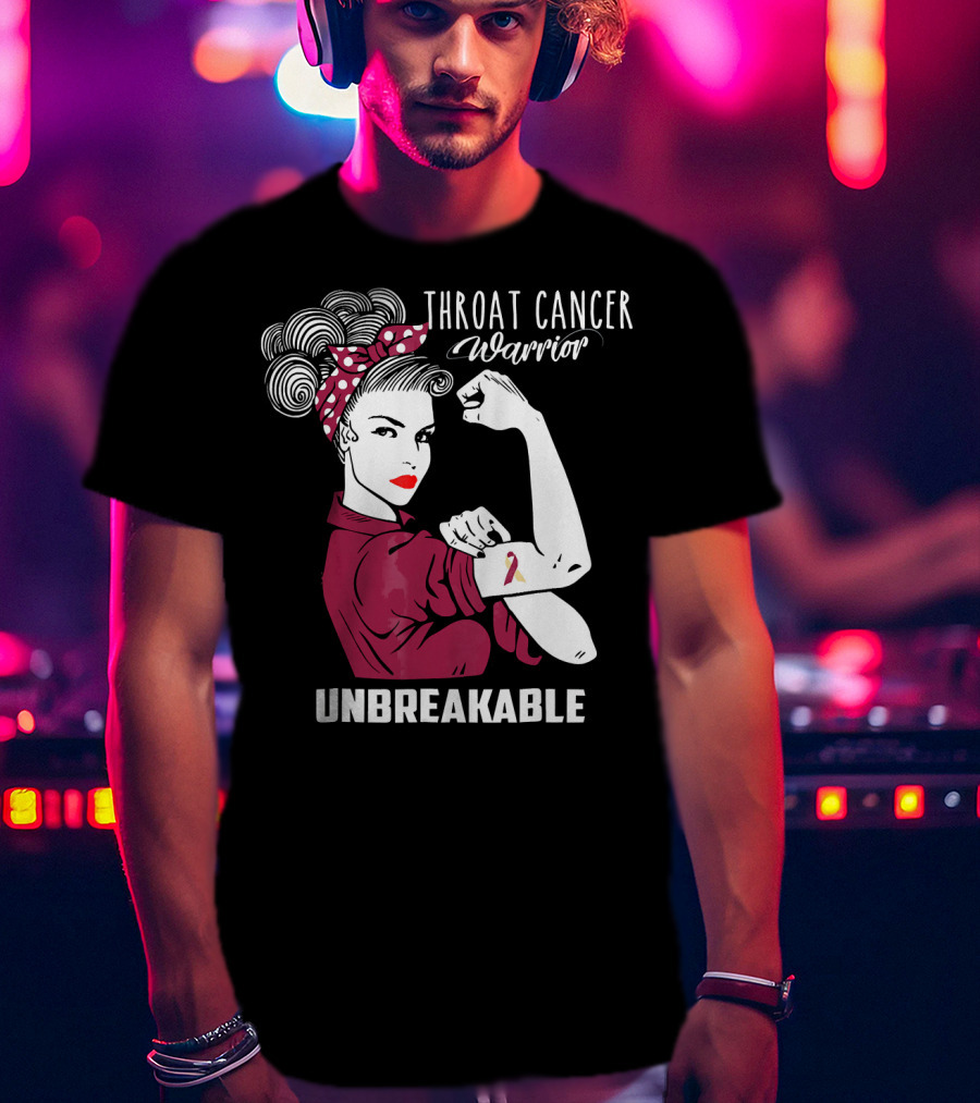 Throat Cancer Warrior Unbreakable Rosie The Riveter Ribbon Empowerment T-Shirt