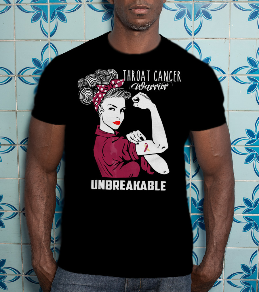 Throat Cancer Warrior Unbreakable Rosie The Riveter Ribbon Empowerment T-Shirt