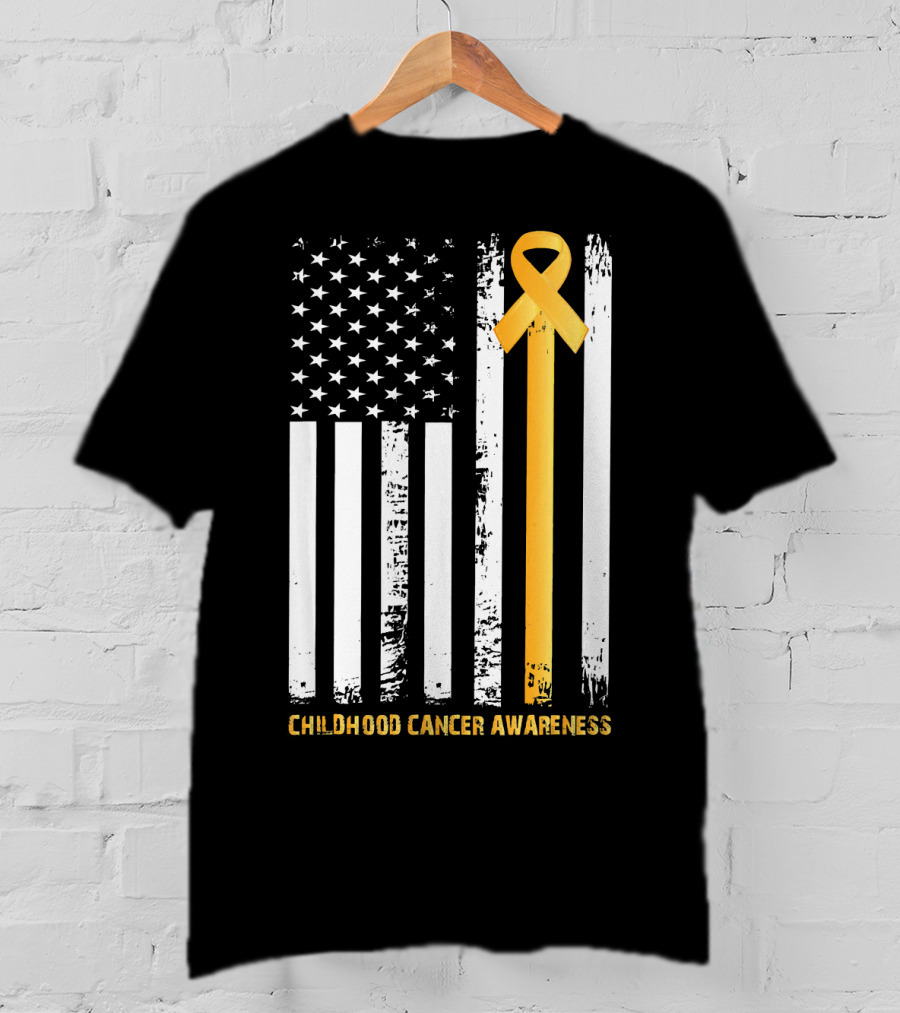 Childhood Cancer Awareness Gold Ribbon American Flag T-Shirt